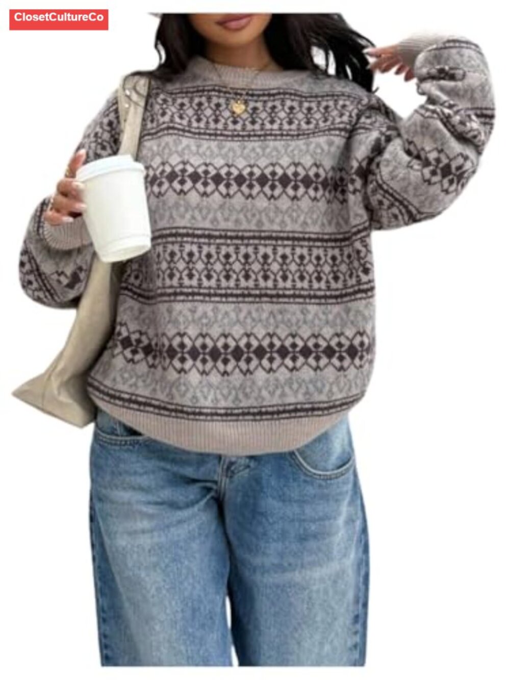 Vintage Fair Isle Geometric Knit Crewneck Oversized Pullover Sweater